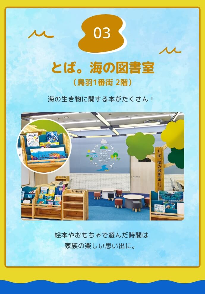 3.とば。海の図書館（鳥羽1番街 2階）。海の生き物に関する本がたくさん！絵本やおもちゃで遊んだ時間は家族の楽しい思い出に。